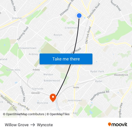 Willow Grove to Wyncote map