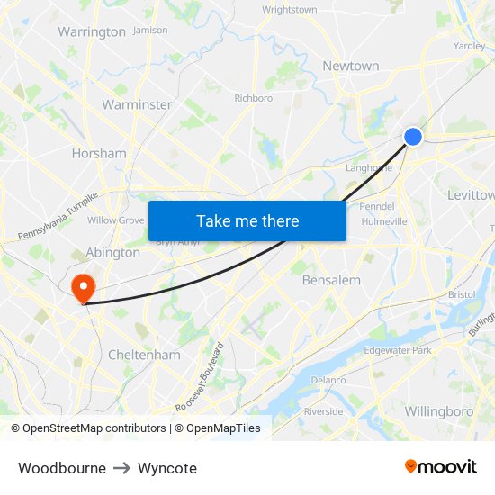Woodbourne to Wyncote map