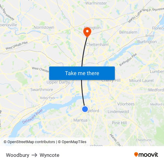 Woodbury to Wyncote map