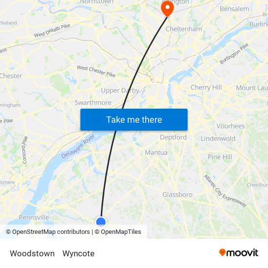 Woodstown to Wyncote map