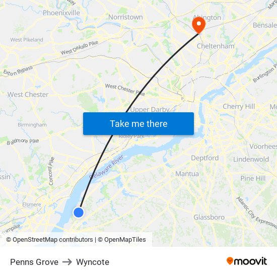 Penns Grove to Wyncote map