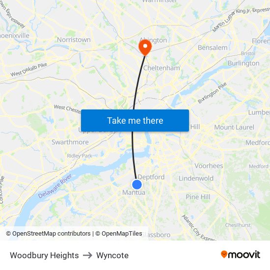 Woodbury Heights to Wyncote map