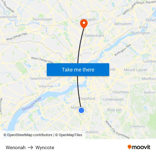 Wenonah to Wyncote map