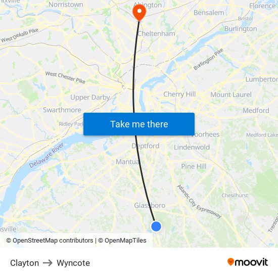 Clayton to Wyncote map