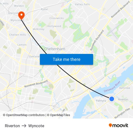 Riverton to Wyncote map