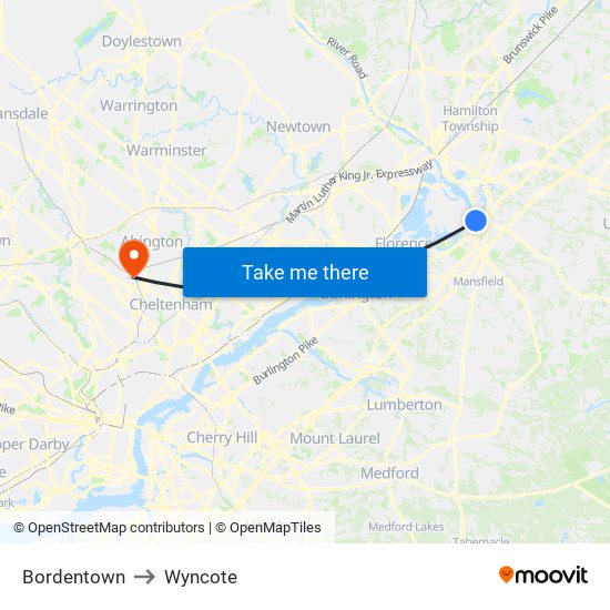Bordentown to Wyncote map