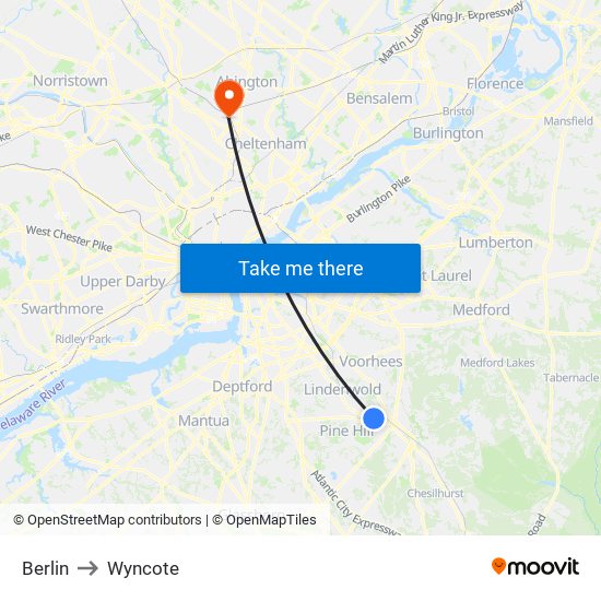 Berlin to Wyncote map