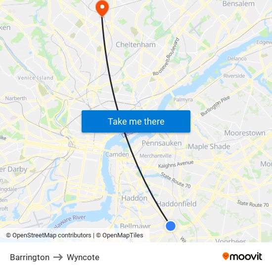 Barrington to Wyncote map