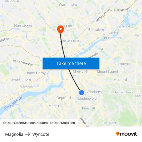 Magnolia to Wyncote map