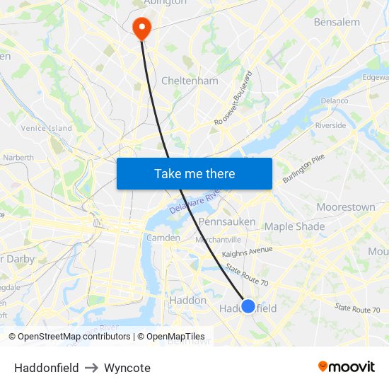 Haddonfield to Wyncote map