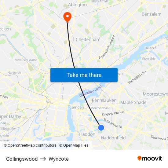 Collingswood to Wyncote map