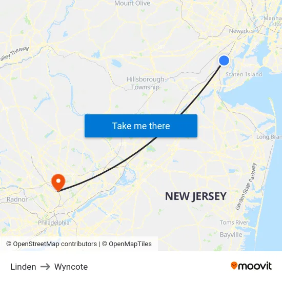 Linden to Wyncote map
