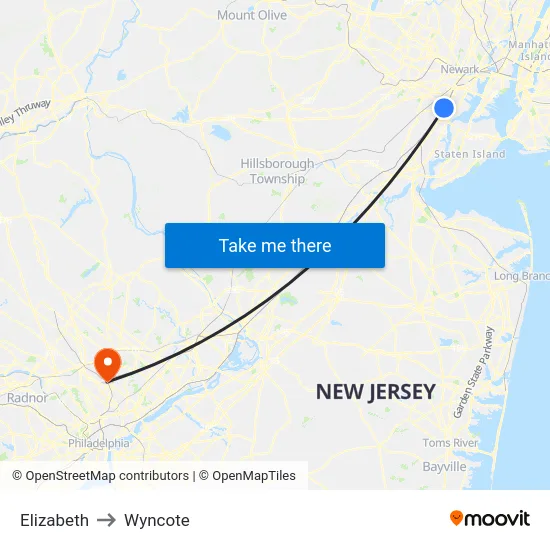 Elizabeth to Wyncote map