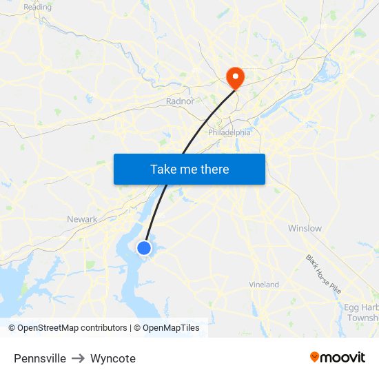 Pennsville to Wyncote map