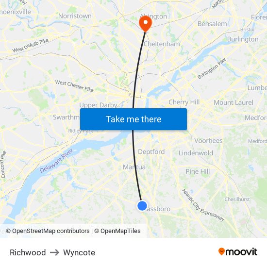 Richwood to Wyncote map
