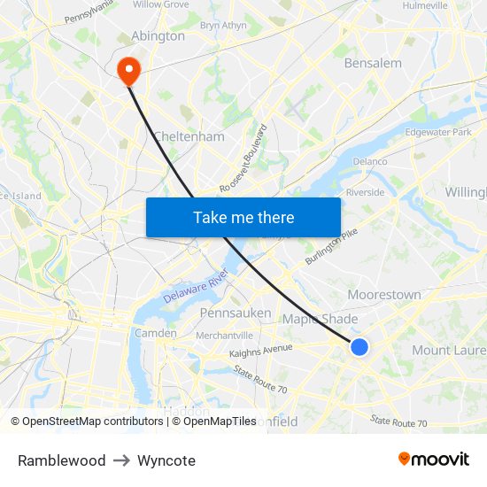 Ramblewood to Wyncote map