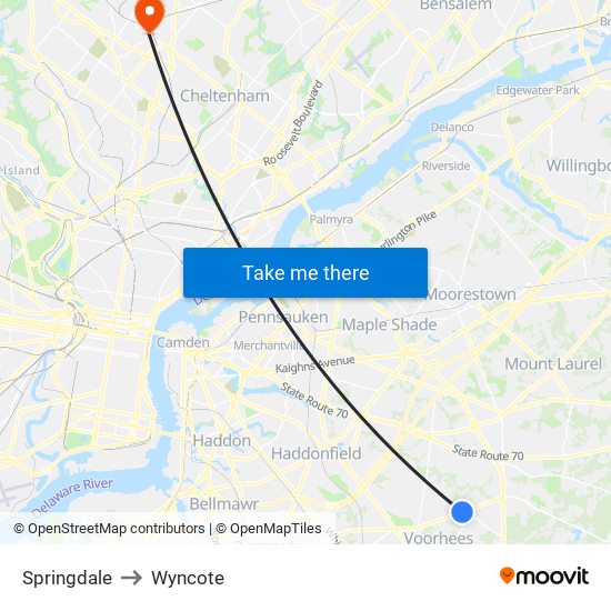 Springdale to Wyncote map