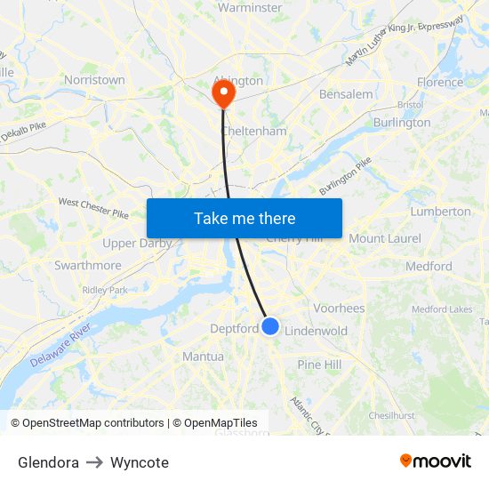 Glendora to Wyncote map