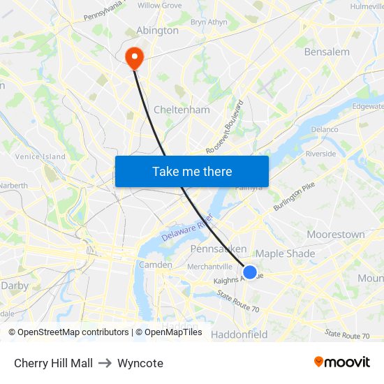 Cherry Hill Mall to Wyncote map