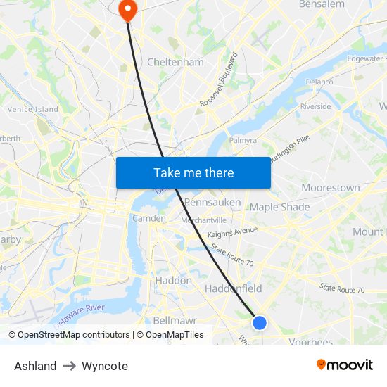 Ashland to Wyncote map