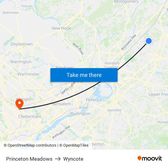 Princeton Meadows to Wyncote map