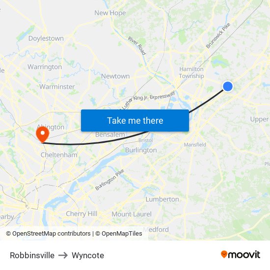 Robbinsville to Wyncote map