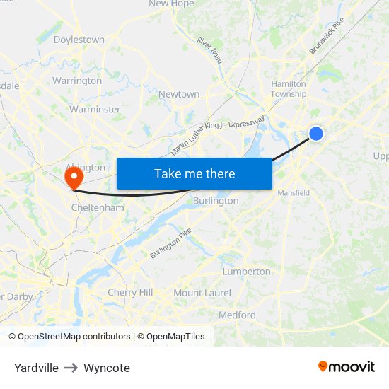 Yardville to Wyncote map