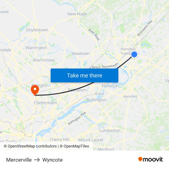 Mercerville to Wyncote map