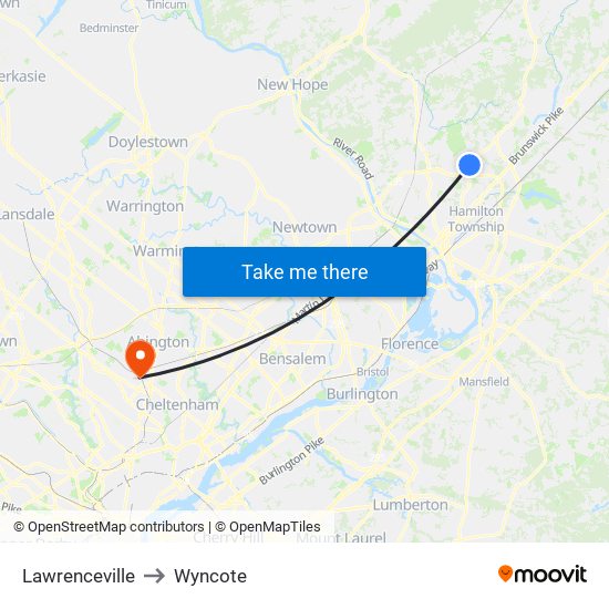 Lawrenceville to Wyncote map