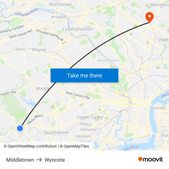 Middletown to Wyncote map