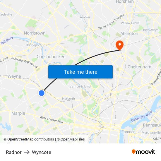 Radnor to Wyncote map