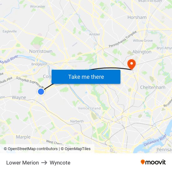Lower Merion to Wyncote map