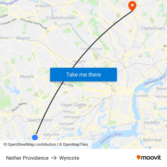 Nether Providence to Wyncote map