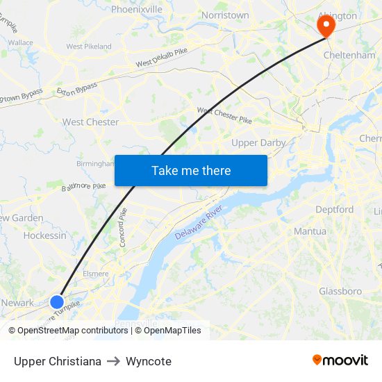 Upper Christiana to Wyncote map