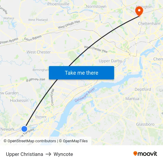 Upper Christiana to Wyncote map
