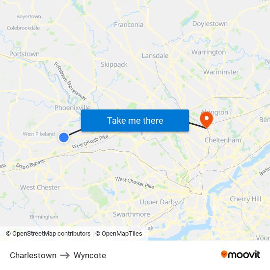 Charlestown to Wyncote map
