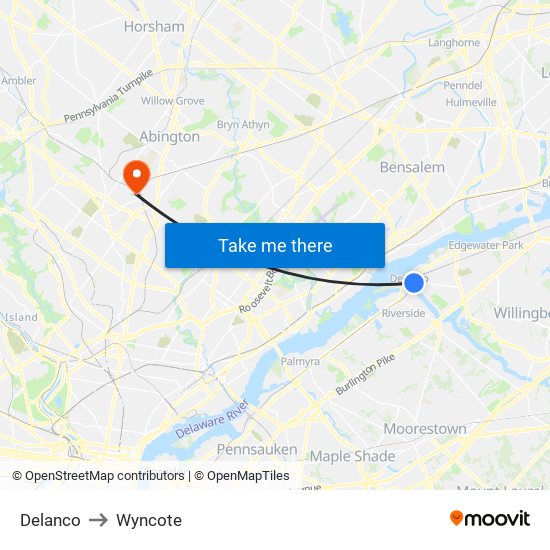 Delanco to Wyncote map