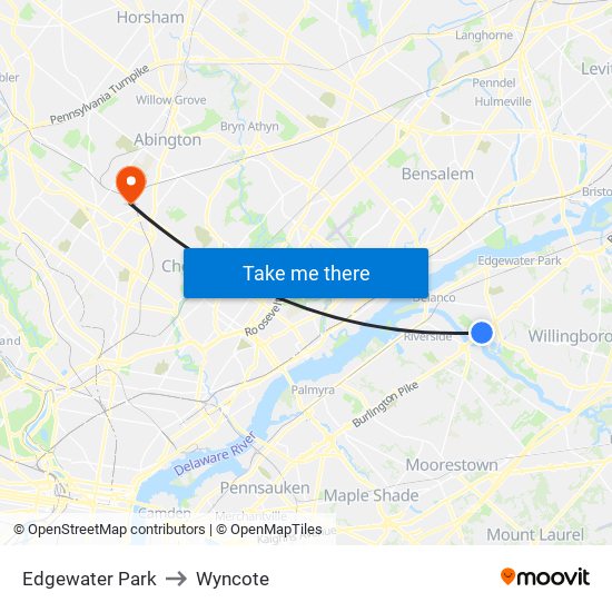 Edgewater Park to Wyncote map