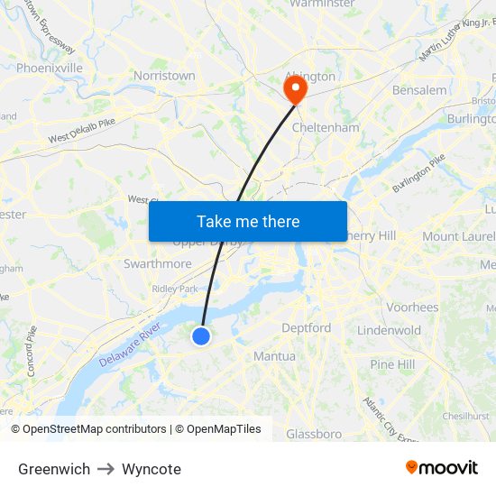 Greenwich to Wyncote map