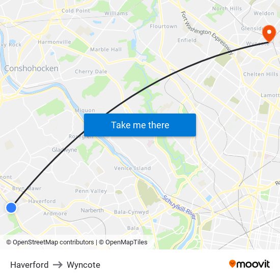 Haverford to Wyncote map