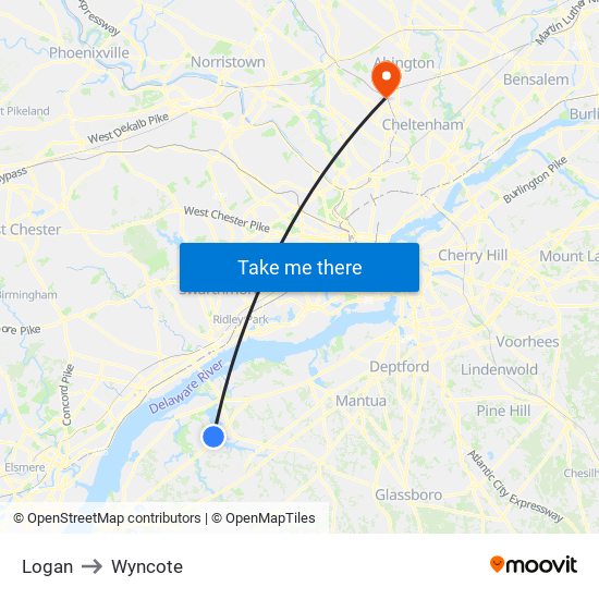 Logan to Wyncote map