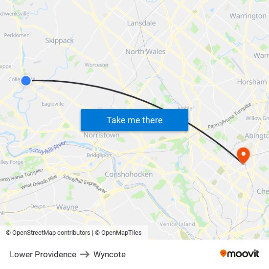 Lower Providence to Wyncote map