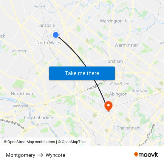 Montgomery to Wyncote map
