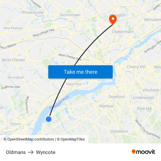 Oldmans to Wyncote map