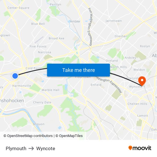 Plymouth to Wyncote map