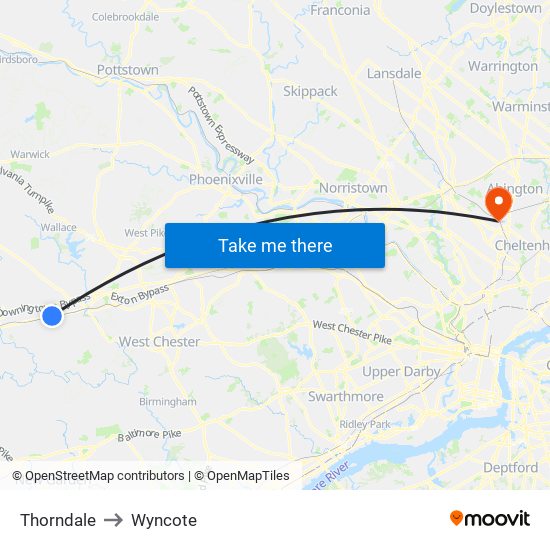 Thorndale to Wyncote map