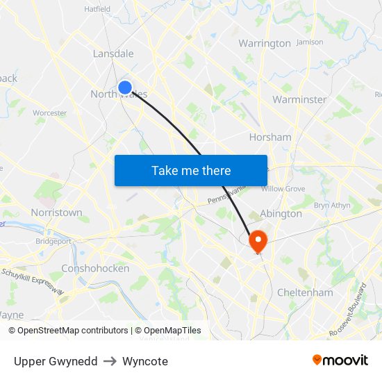 Upper Gwynedd to Wyncote map