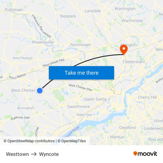 Westtown to Wyncote map