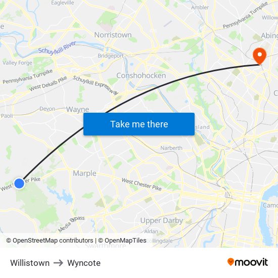 Willistown to Wyncote map