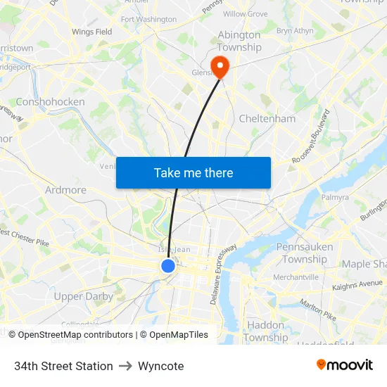 34th Street Station to Wyncote map